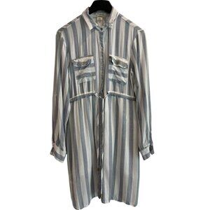Passport Striped Shirt Dress – Blue/Gray‎ White Button Front Resortwear Style L